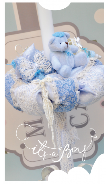 Lumanare de botez albastra cu ursulet si dantela alba pentru baieti , 65x4cm, Good Luck Boy  5